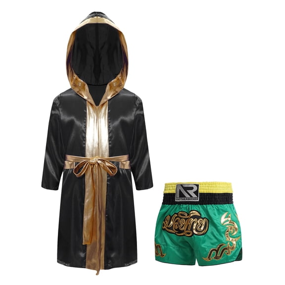 Rswnyirn Kids Boys Boxing Robes Costume Satin Hooded Boxing Robe with Belt and Muay Thai Shorts Set Black&Green 10