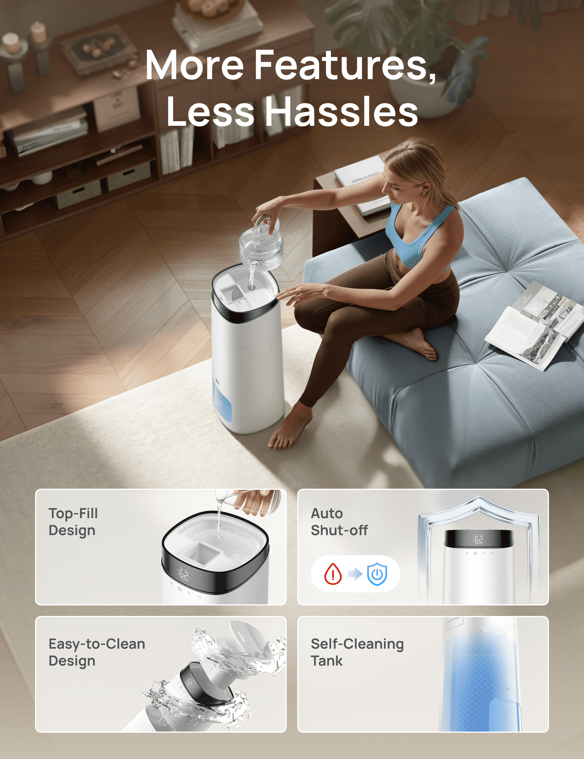 DREO 16L Smart Humidifier Large Room 1000 ft², 130H Cool Mist Humidifiers for Bedroom Plants Baby, Top Fill, Remote/Touch/Voice & APP Control, Self-Cleaning Tank, 30dB, RGB Light, HM755S White