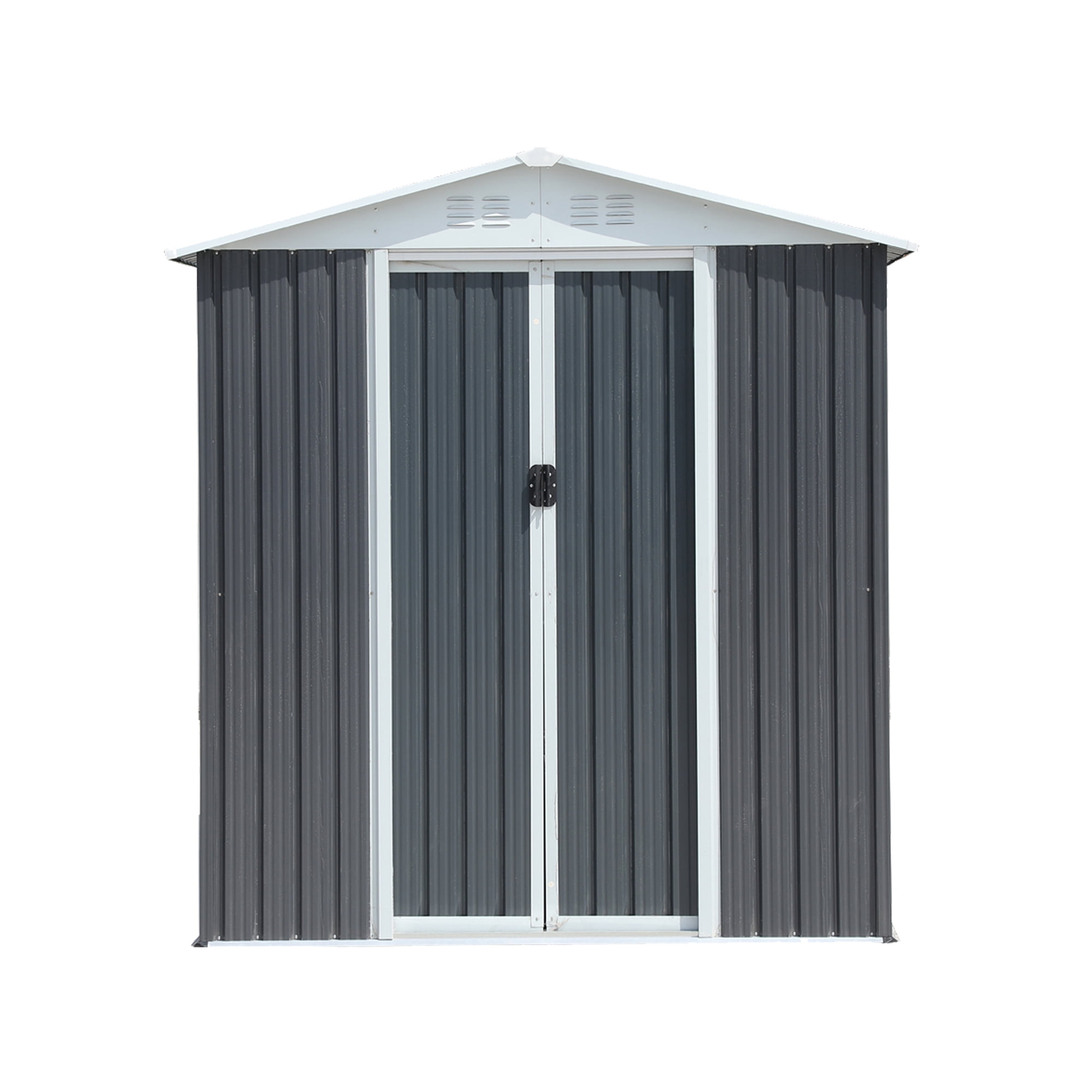 Mintazer 6x4 ft Apex Roof Outdoor Metal Storage Shed with & Lockable Sliding Double Doors, Ventilated Galvanized Steel Garden Tool Storage House for Backyard Patio Lawn, Grey