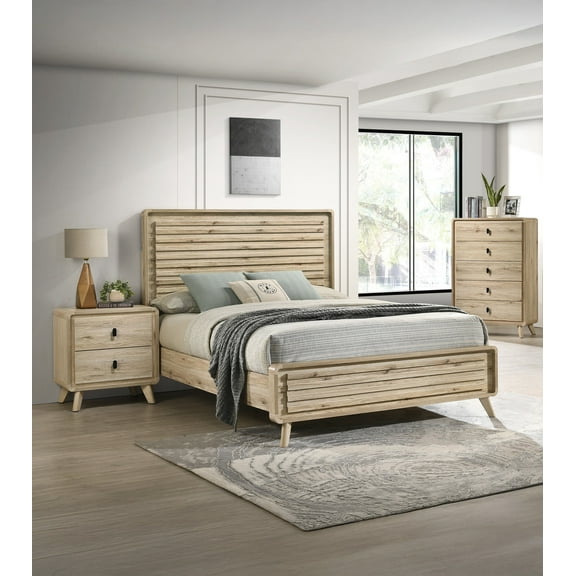 Mid-century Natural Beige Brown Finish 3pc Queen Bed 2xNightstands Set