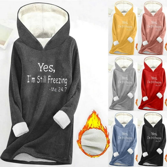 CFLVAEK Yes I'm Still Freezing Hoodies for Women Plus Size Sherpa Fleece Lined Hooded Sweatshirts Cozy Long Sleeve Thermal Winter Pullover Tops Dark Gray S