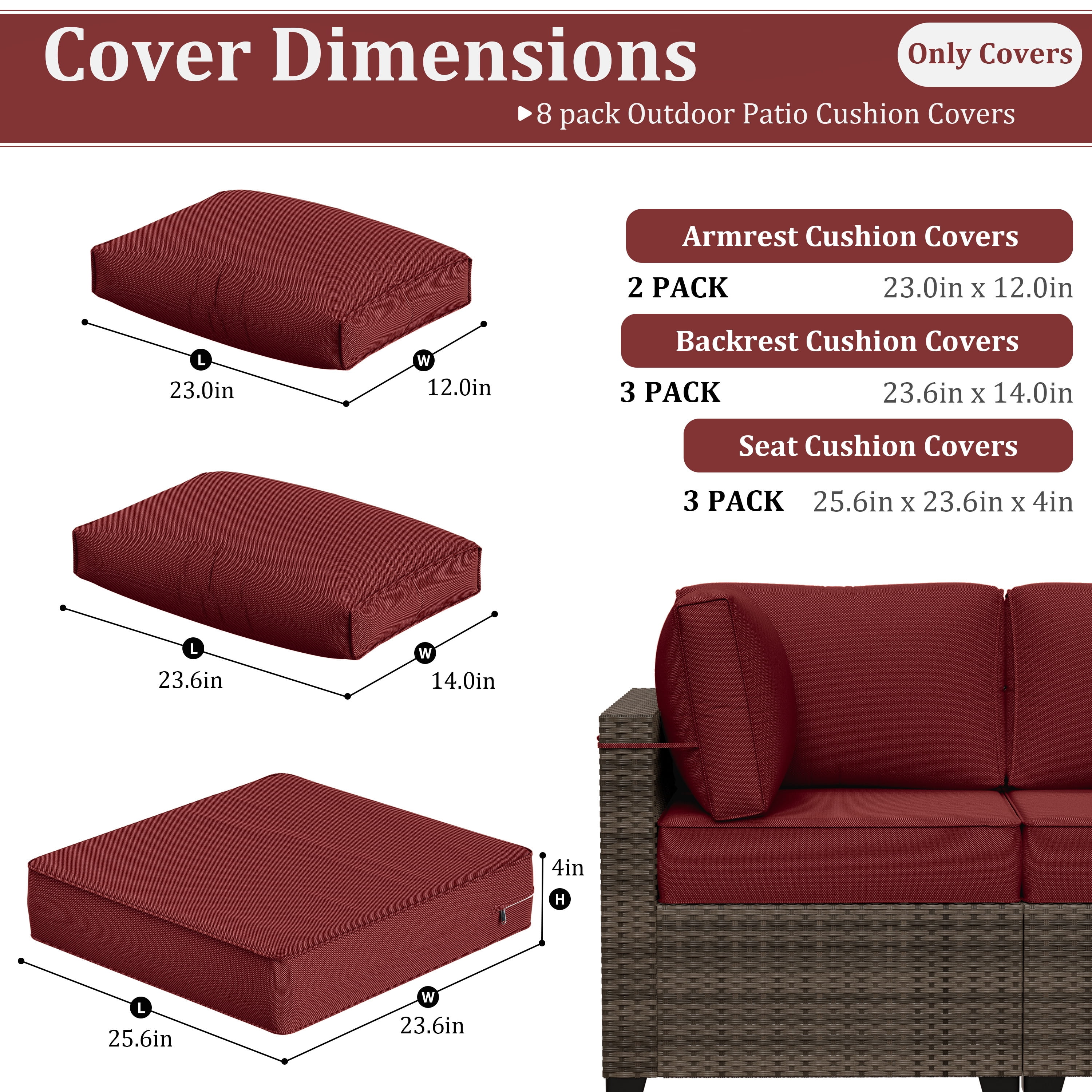 Snubbull 8 Pcs 25.6" x 23.6" Cushion Covers for Patio Furniture, Outdoor Waterproof Cushion Slipcovers Replacement with Zipper, Burgundy