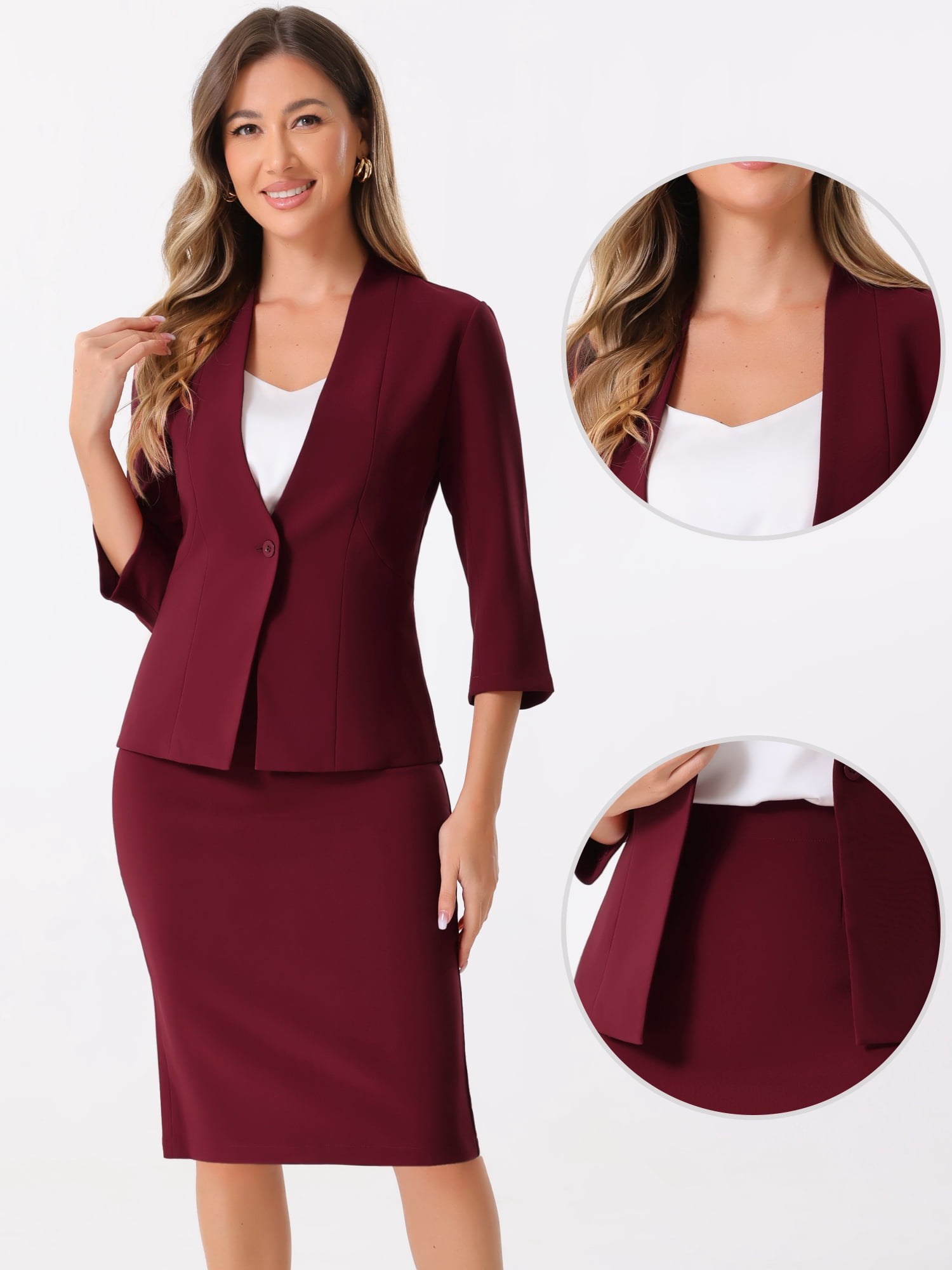 DARING DIVA Women's 2 Pcs Collarless Blazer Pencil Skirt Suit Set XL Dark Red