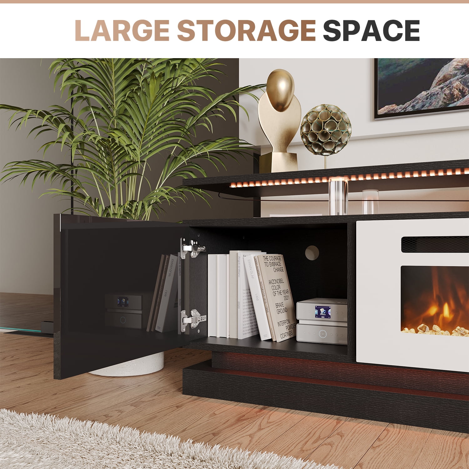 Sonegra Modern Fireplace TV Stand for TVs Up to 80" with Music Sync LED, 70" Entertainment Center with Electric Fireplace, TV Console with Storage Cabinets for Living Room, Black