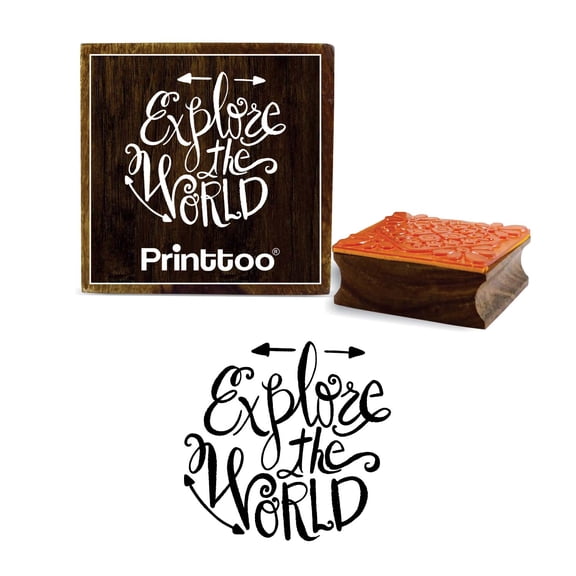 Printtoo Diary Card Explore The World Text Design Brown Wooden Rubber Stamp Block-4 x 4 Inches