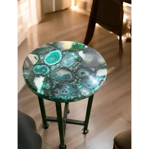 12" Round Green Agate Stone Top Coffee Table Handmade Gemstone Living Room Decor