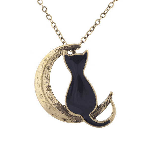 Lux Accessories Burnished Gold Tone Black Cat Crescent Moon Pendant Necklace