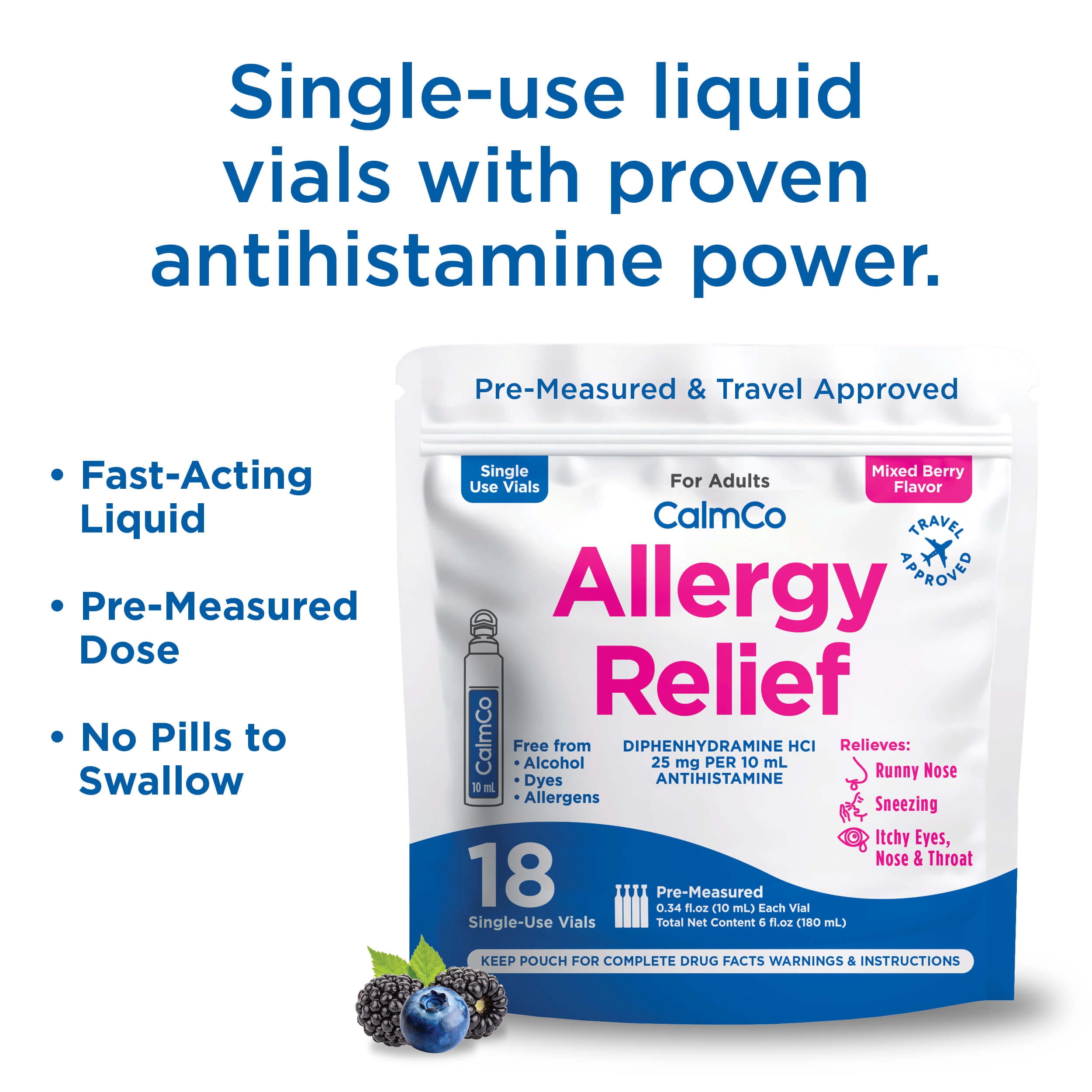 CalmCo Allergy Relief, Diphenhydramine 25mg, Mixed Berry Flavor, 18 vials.