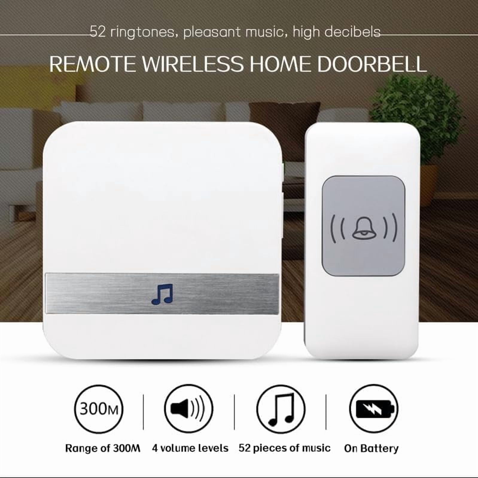 Wireless Doorbell, Doorbell IP68 Waterproof Twin Wall Plug-in Cordless Door Chime Kit with 300m Range, 52 Chimes, 115dB Lound 4-Level Volume & Blue Light, Plug in Door Entry Bell,White