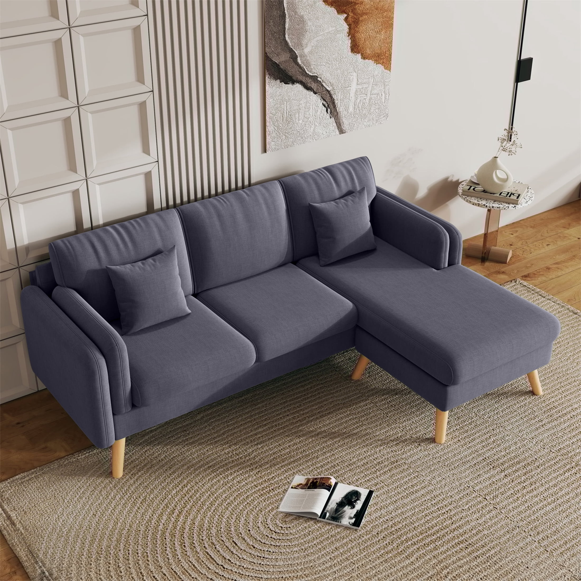 Aukfa 85" Sectional Couch Reversible L shape Sofa for Living Room, Solid Wood Legs, Linen, Gray