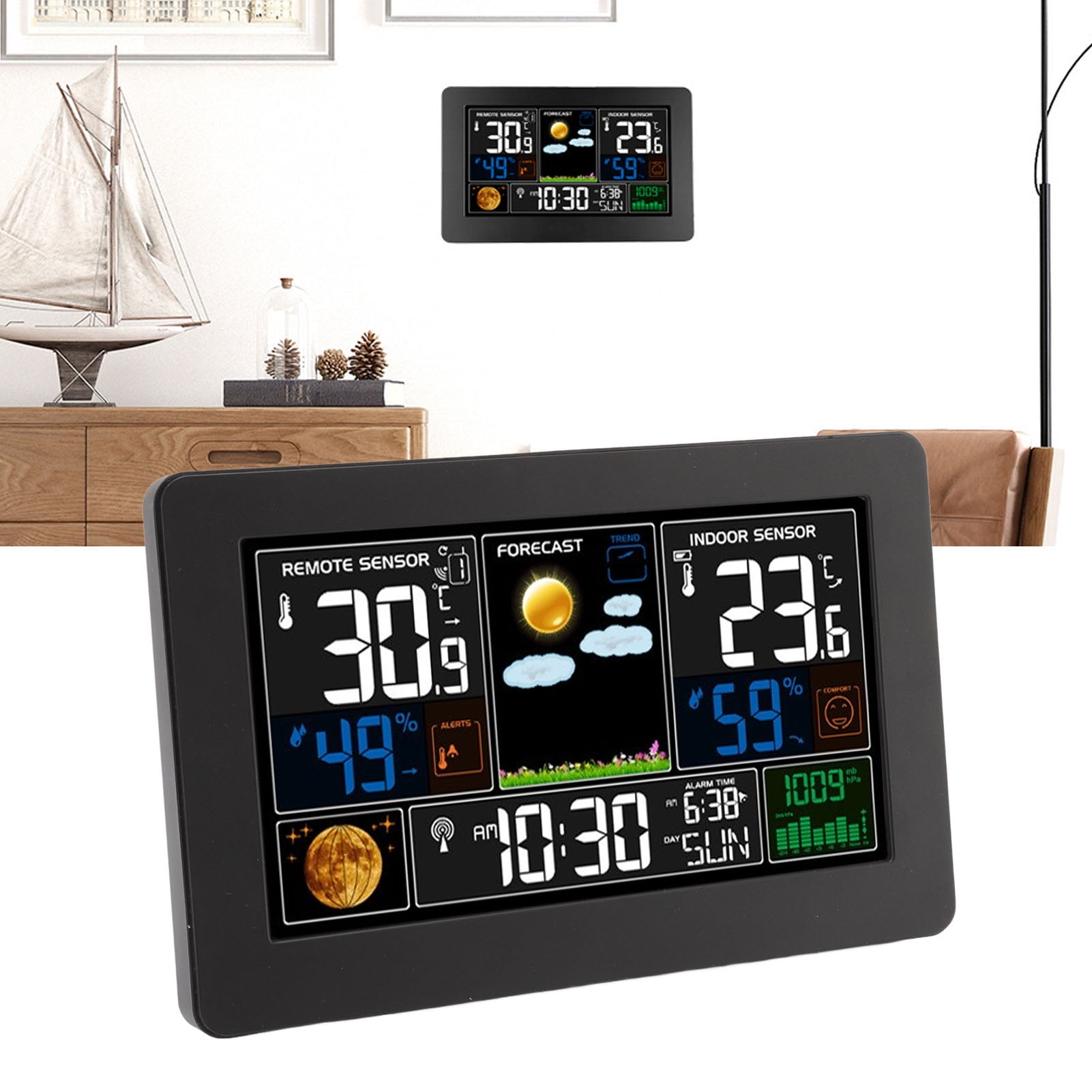 Nieyigj Multifunctional Weather Station Clock Large Color Display For Indoor Outdoor Temperature Humidity Air Pressure US Plug 100-240V Black Edition