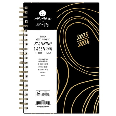 Blue Sky Idlewild 2025-2026 Academic Year Weekly and Monthly Planner Calendar, July 2025 - June 2026, 12-Month, 5" x 8", Flexible Cover, Wirebound, Laminated Tabs, Storage Pocket, Black Swirl