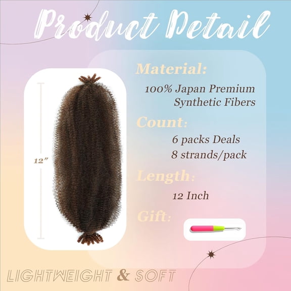 WEIF-Spring Afro Twist Hair, 12 Inch Springy Marley Twist Braiding Hair Pre-Separated 6 Packs Spring Twist Afro Kinkys Bulk Hair for Soft Locs Crochet Hair Extensions for Black Women (T30, 12inch)