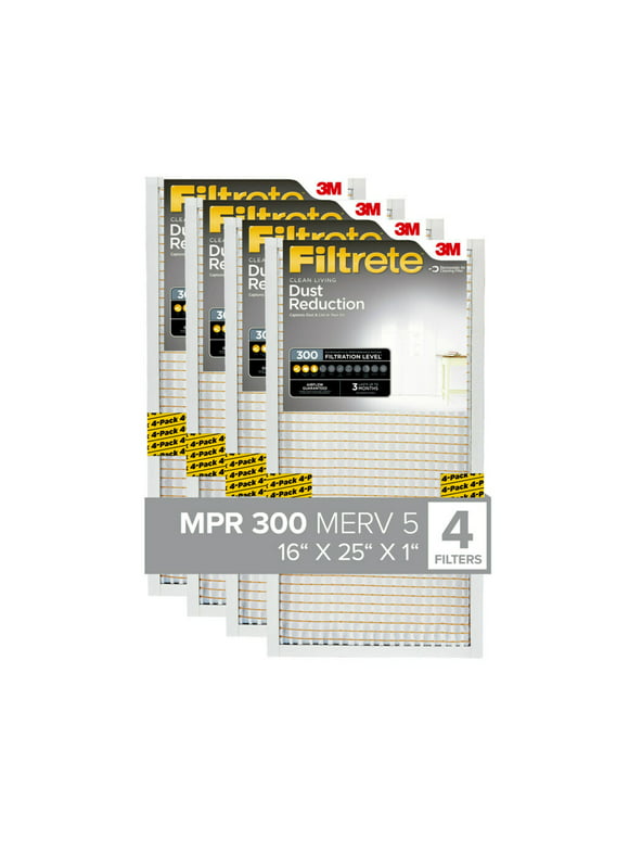 Filtrete 16x25x1 Air Filter, MPR 300 MERV 5, Clean Living Dust Reduction, 4 Filters