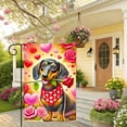 thumbnail image 2 of 1 piece, Valentine's Day Double-sided Garden Flag - 2D flat cute Dachshund pattern design, courtyard sign, perfect for courtyard, lawn and outdoor decoration, garden decoration, party decoration item, 2 of 9
