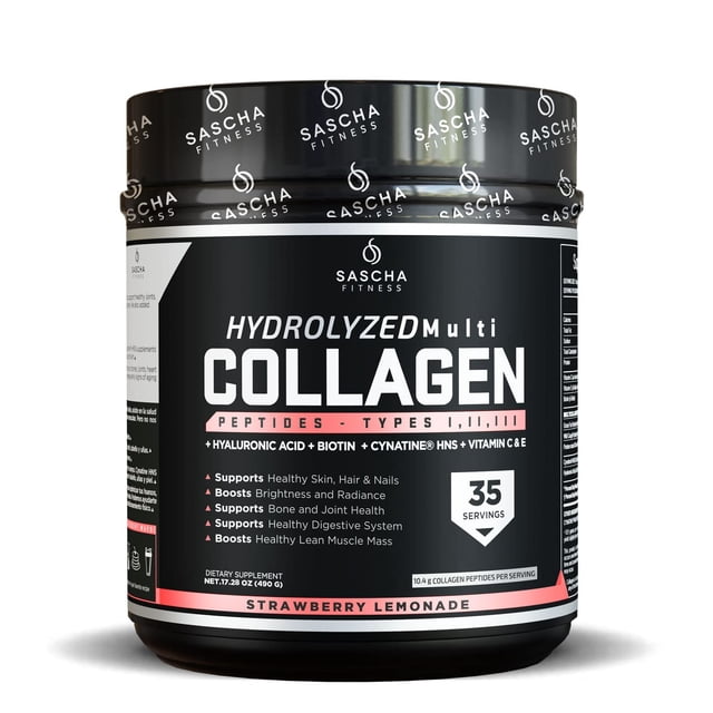 Sascha Fitness Multi Colágeno Hidrolizado | Ácido Hialurónico | Biotina | Cynatine HNS | Vitamina C & E - Sabor Limonada de Fresa SASCHA FITNESS NA