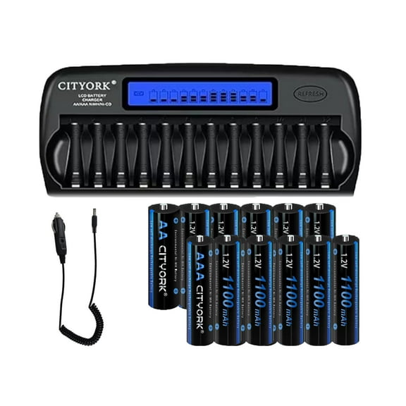 6 AA Batteries and 6 AAA Ni-MH Rechargeable Batteries with 12 slot battery charger with discharge function, suitable for AA AAA nickel hydrogen/nickel cadmium batteries (fast charger)