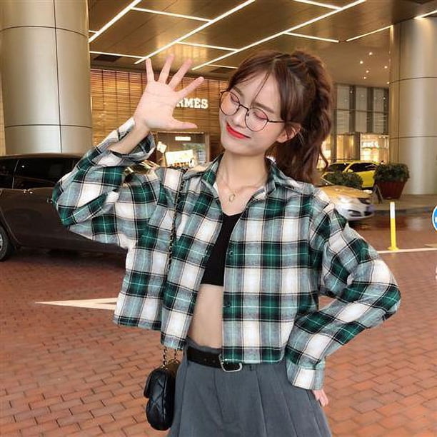 Las mujeres de manga larga camisa a cuadros coreano suelto todo-partido blusa Top estilo universitario camisas Tops