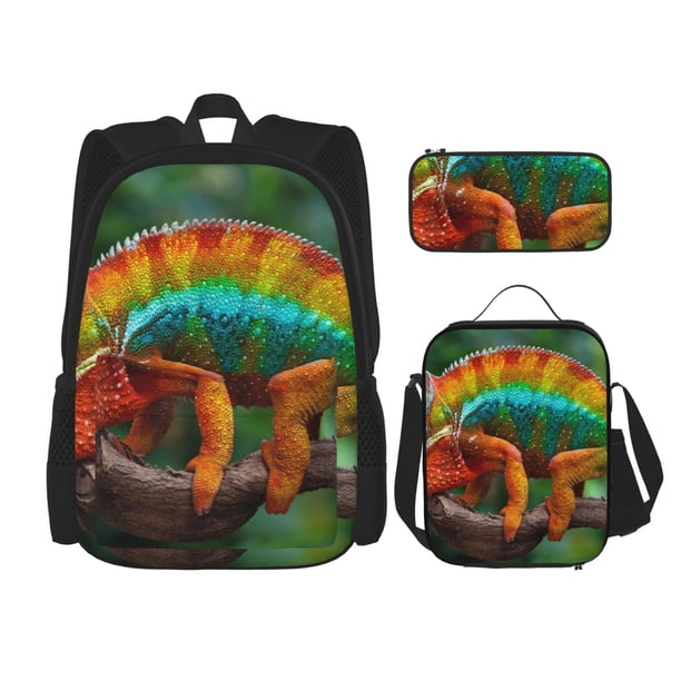 Disketp Chameleon Mochila Estampada de Gran Capacidad con Lonchera y Estuche, Set de 3 Piezas para Estudiantes