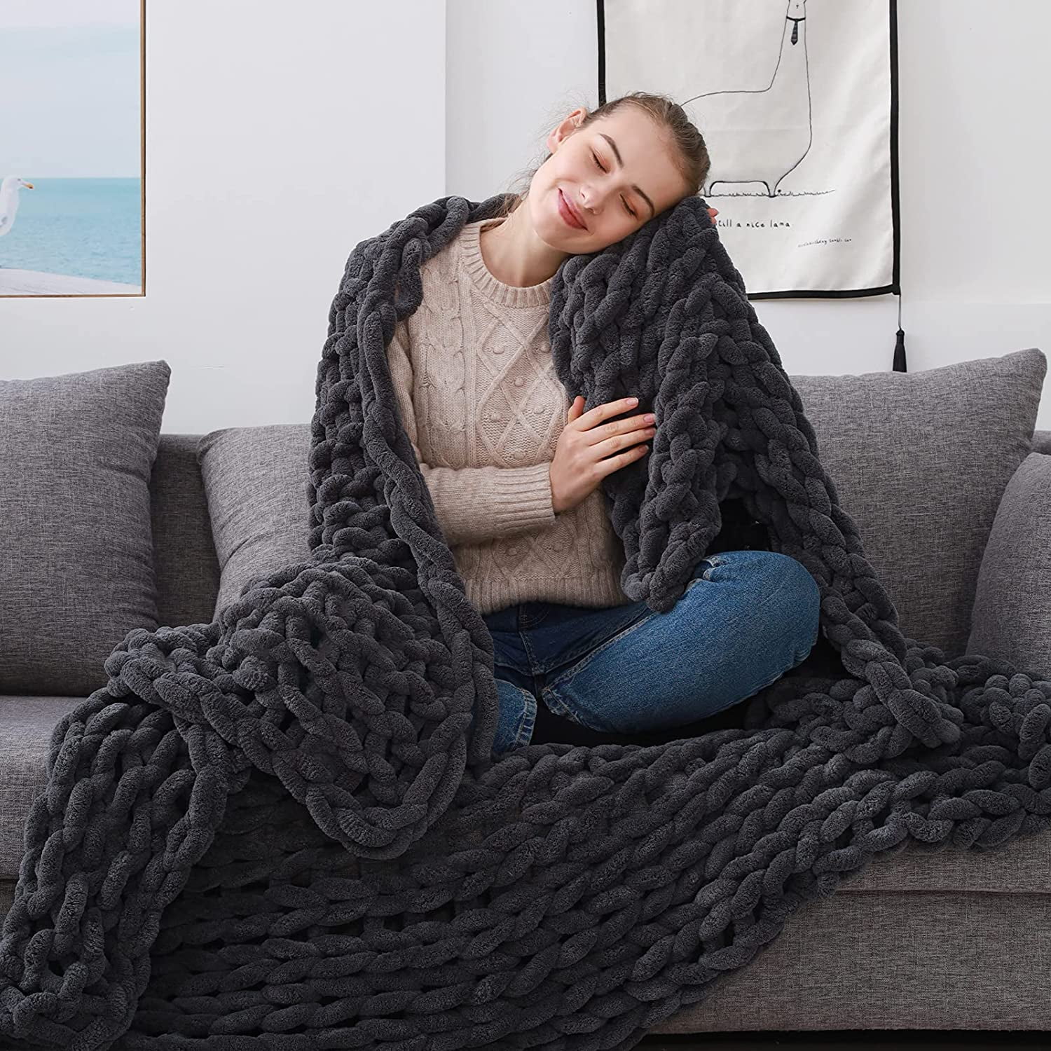 Blanket Yarn Chunky Knit Blanket Dark Grey Chunky Knit Throw
