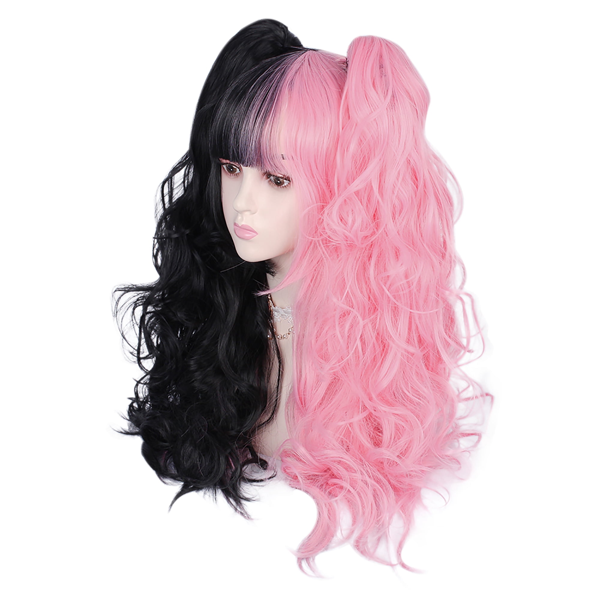 Unique Bargains Wigs for Women 24" Ponytail 24" Body Length Black Pink Curly Wig with Wig Cap