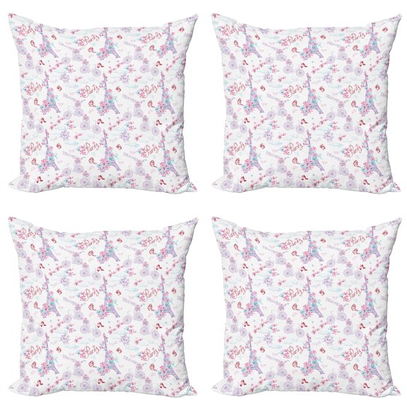 Ambesonne Vintage Throw Pillow Cover 4 Pack, Eiffel Tower and Flower, 24", Pale Blue Pink and White