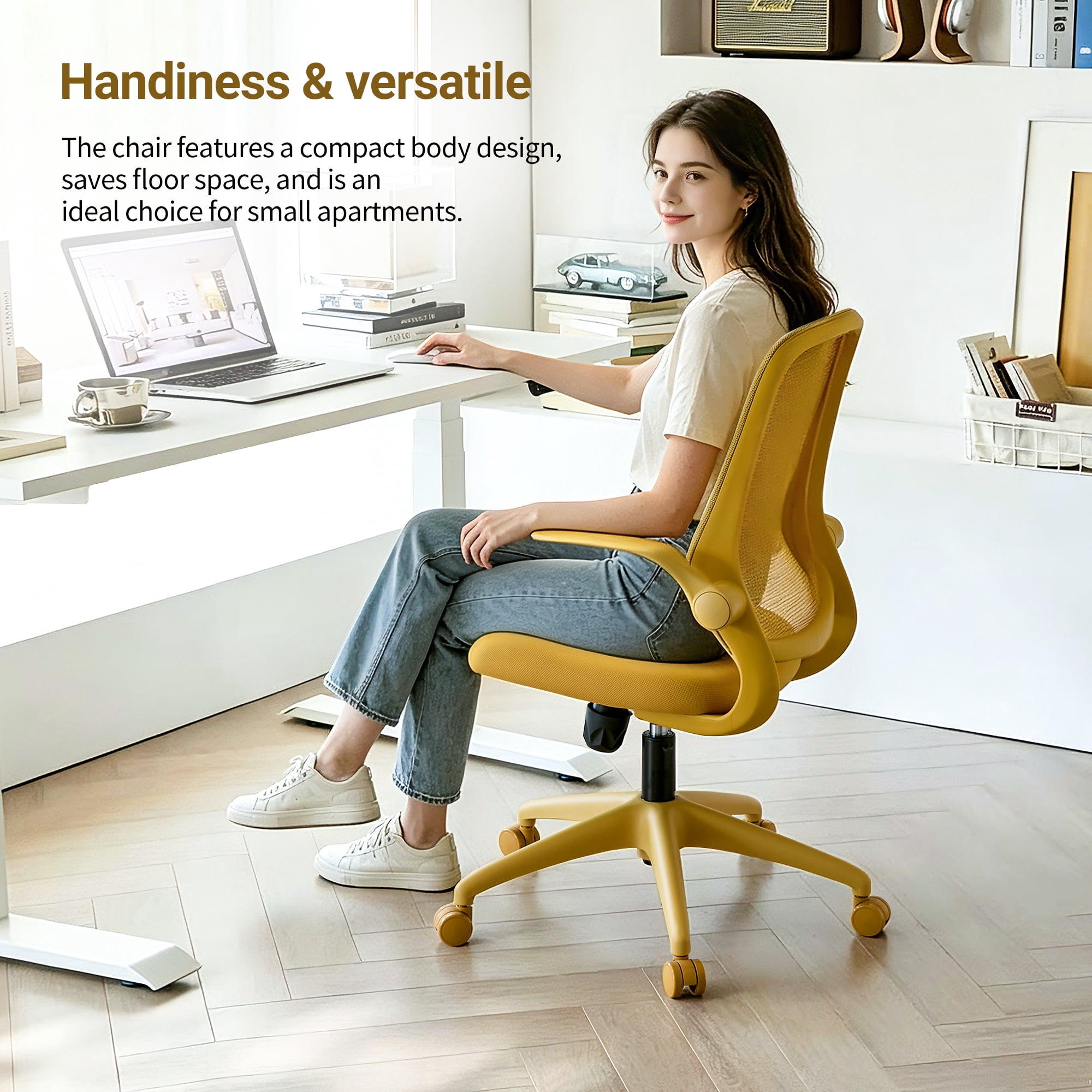 HOQBN Ergonomic Office Chair with Flip-Up Armrests, Breathable Mesh Back, Integrated Molded Foam Seat, 350lb Capacity,Yellow