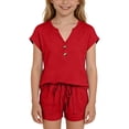 thumbnail image 7 of OGLCCG 2 Piece Outfits for Girls Summer Short Sleeve V Neck Henley Tops and Shorts Set Matching Vacation Beach Lounge Sets 4-14 Years, 7 of 7