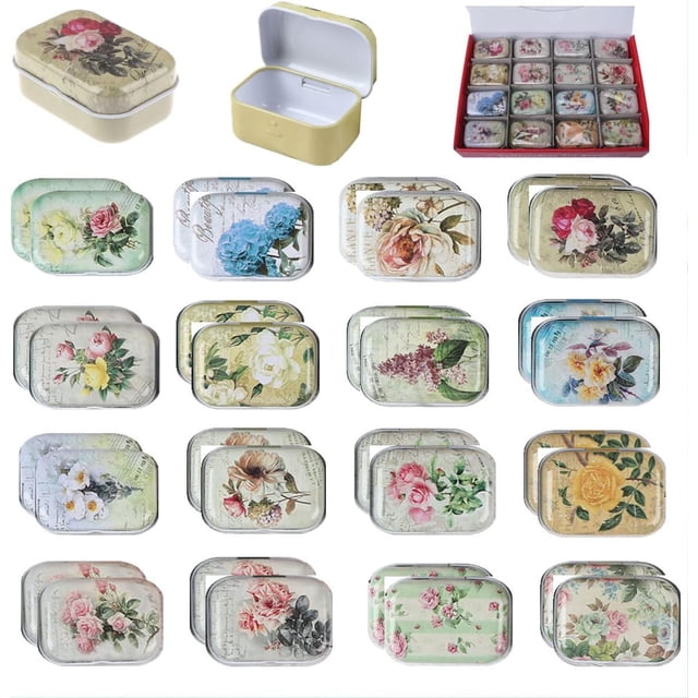 32Pcs Mini Flower Tin Trinket Jewelry Organizer Box Tinplate Storage Case with Lid Small Rectangular Bead Container for Storage of Small Items, Crafts, Christmas stocking stuffers(flower)