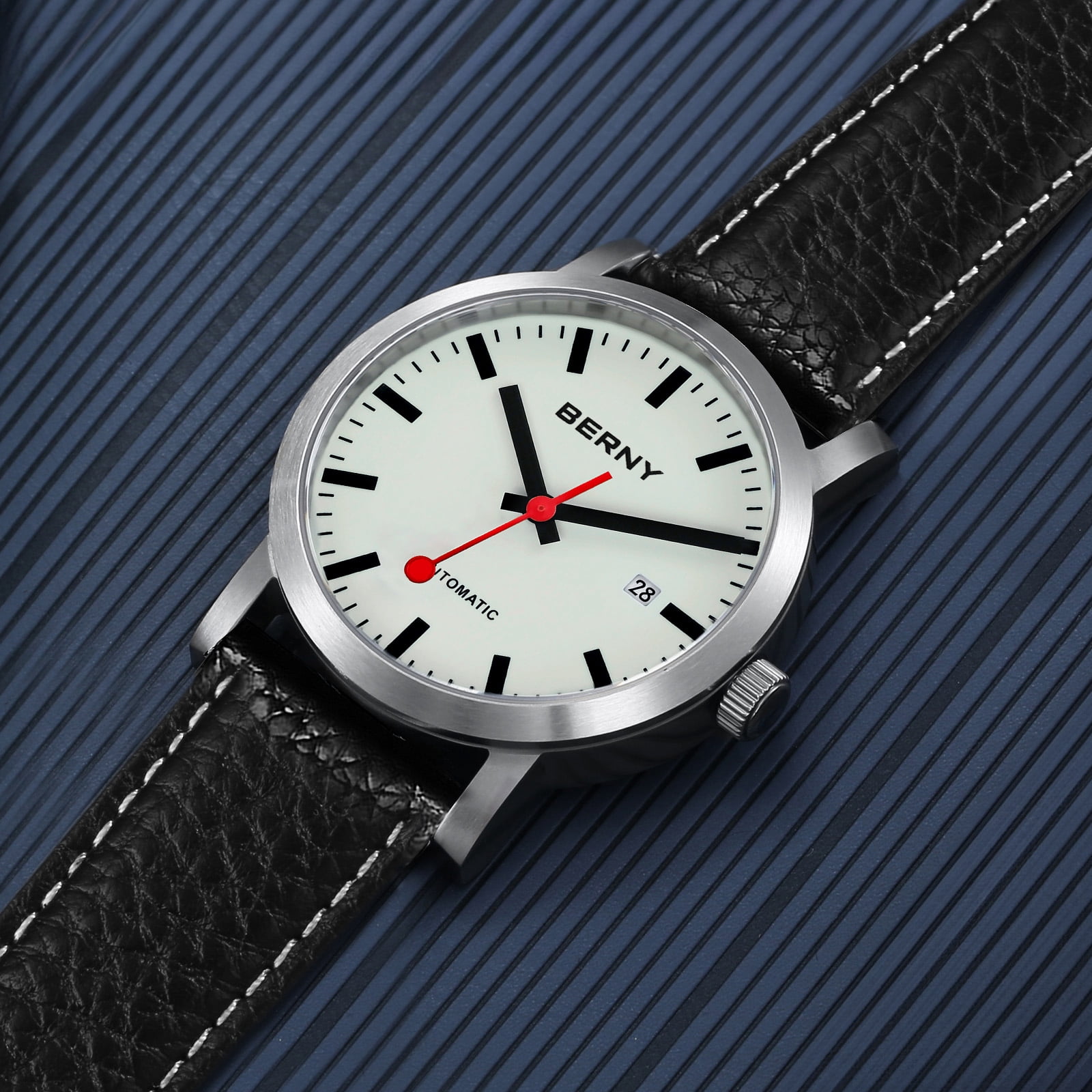 BERNY Automatic Watches for Men, Luxury Self Winding Mechanical Dress Leather Watch with Date, Sapphire Crystal, Luminous, Stainless Steel, 50M Waterproof, Minimalist Mens Watches (White)