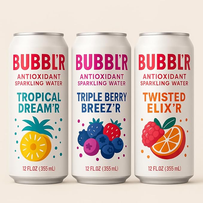 New Bubblr Antioxidant Sparkling Water - Triple Berry Breez'r, Tropical Dream'r, Twisted Elix'r - Variety Pack, 0 Suger, 69 Mg Caffine, Sparkling Water 12 Fl Oz (Pack Of 6)