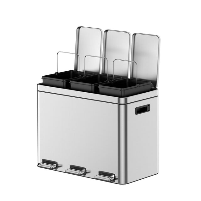 Poubelle Rectangulaire de Recyclage de 8 Gallons avec 2 Compartiments, Argent