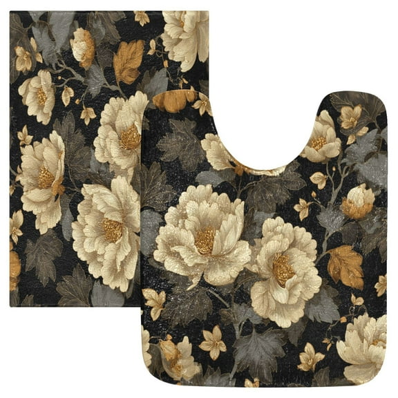 2 Piece Bath Mat Set with U-Shaped Toilet Mat and Rectangle Bath Rugs Non Slip Machine Washable Bathroom Mats Elegant Beige Floral