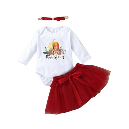 

Nokpsedcb Infant Baby Girls My 1st Thanksgiving Clothes Sets Letter Pumpkin Romper Tulle Skirt Headband Wine Red 12-18 Months