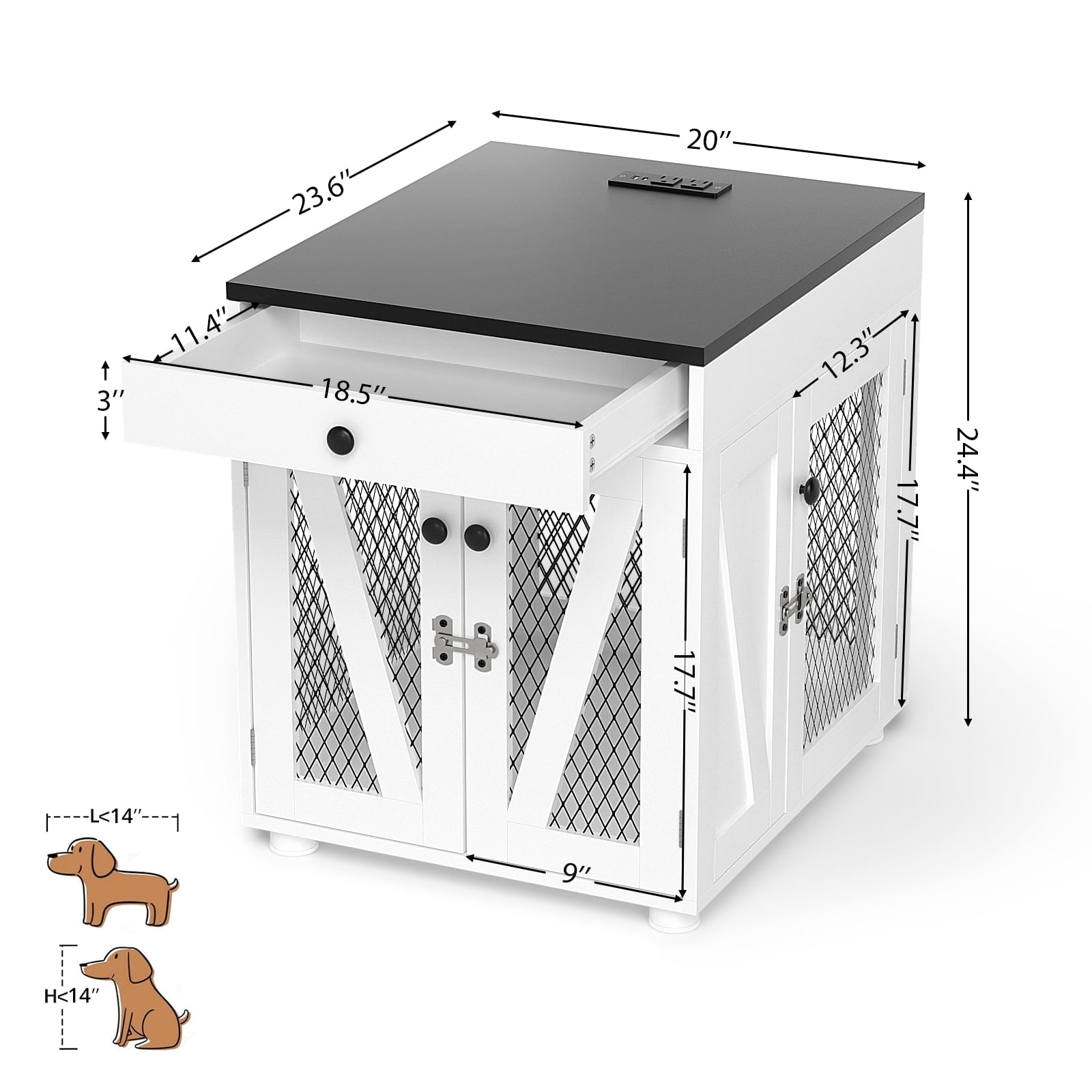 RichYa Furniture Style Dog Crate End Table, Wooden Dog Kennel with Dual USB Charging Station, for Small Dogs Under 25 lbs Indoor Use, White, S Size