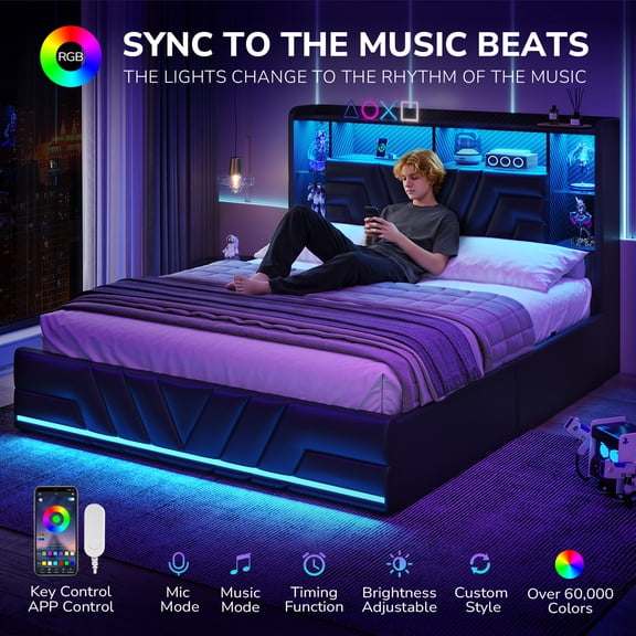 Queen Size Gaming Bed Frame with 2 Storage Drawers, LED Lights & Charging Station, Esports-Style Upholstered Platform Queen Beds with Bookcase Headboard, No Box Spring Needed, Black