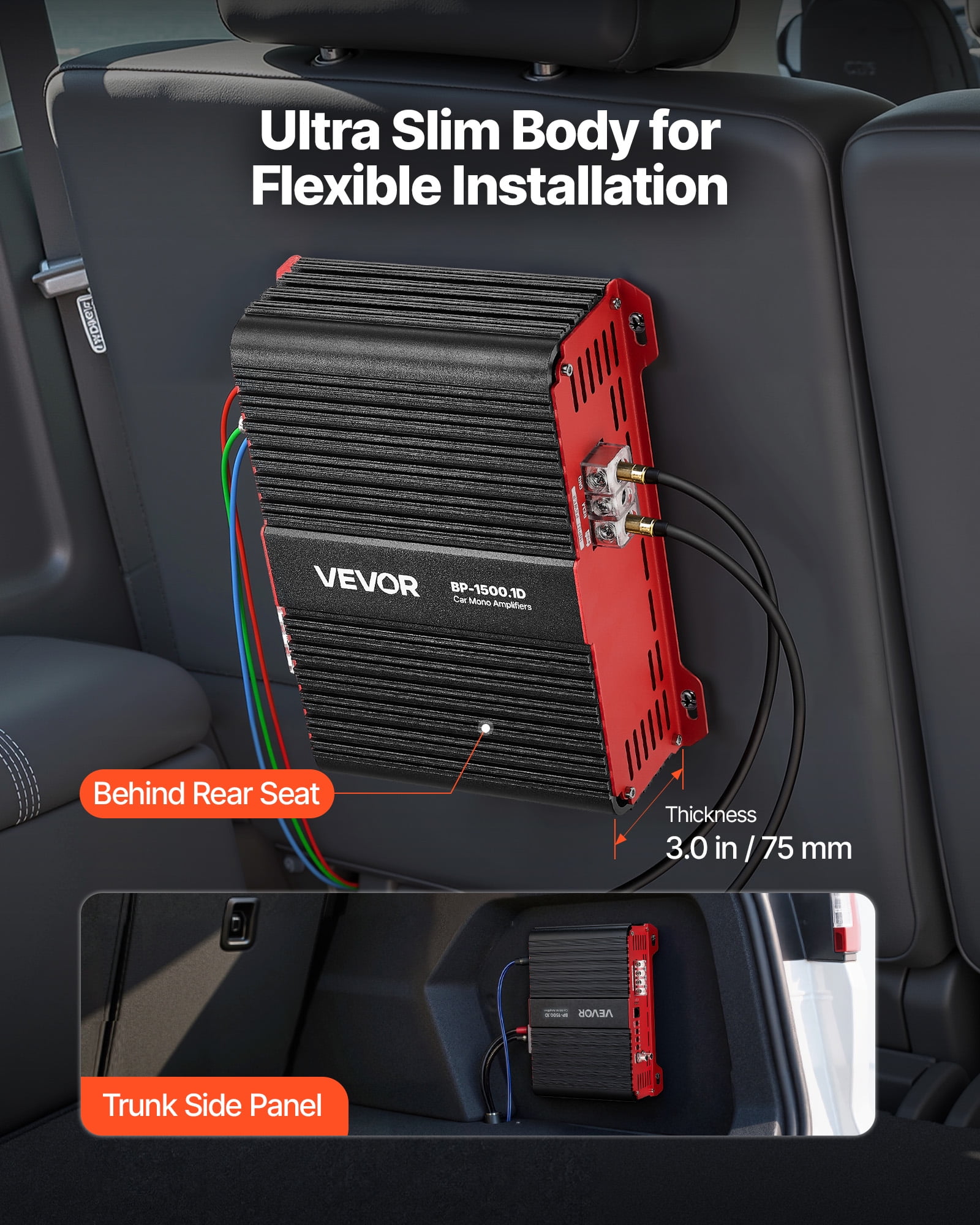 VEVOR Monoblock Car Amplifier, 1500W RMS MAX, 1/2/4 Ohm Stable, 1-Channel Class D Car Audio Amplifier with Remote Subwoofer Level Control, Low Pass Filter and Bass Boost, Volume Controller Included
