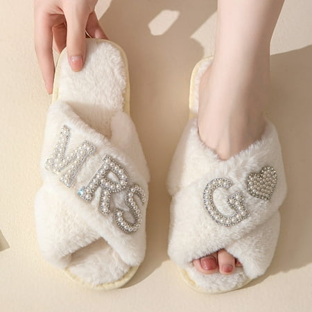 

Women s Fuzzy Cross Slippers Bride Wedding Slippers Gift Open Toe House Slipper Bedroom Shoe Indoor Outdoor (Letter J)