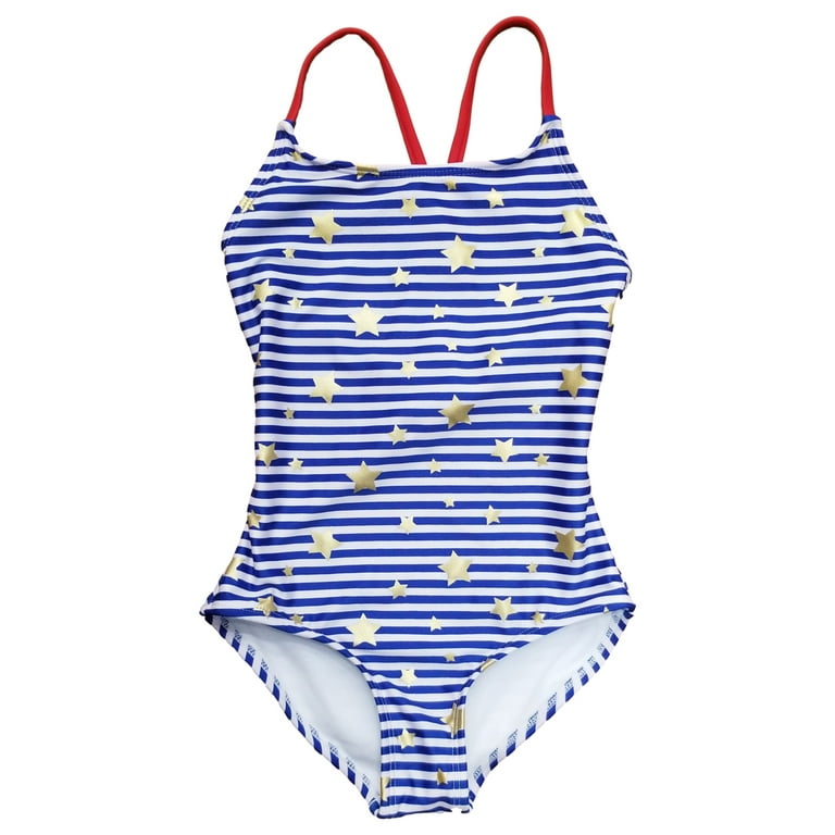 Girls Fourth of July 2 Piece Red White Blue Stars Stripes Bathing Swimsuit Small