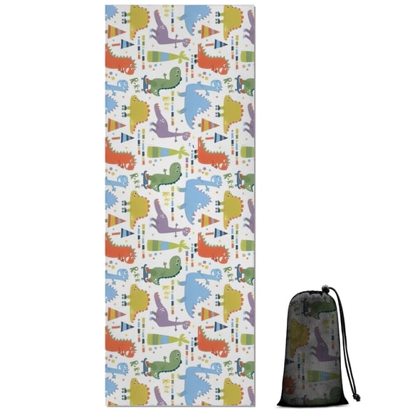 Colorful Dinosaurs Skating Pattern Hot Yoga Mat Towel Non Slip for Hot Yoga - Quick-Drying Yoga Mat Cover with 4 Corner Pockets with Travel Bag - Hot Yoga Towel Non Slip 70"x26"