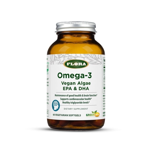 Flora Health Omega-3 EPA & DHA Vegan Algae, Maintain Good Health & Brain Function, Supports Cardio Health, Healthy Triglyceride Levels, 60 Vegetarian Softgels