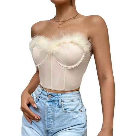 

Women s Corset Tube Tops Strapless Bustier Fur Trim Bandeau Crop Tops