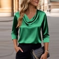 thumbnail image 6 of Fgvctg Silk Satin Button Down Shirts For Women Fashion Cap 3/4 Sleeve Top Crew Neck Shirt Loose Casual Business Work Clothes Green XL, 6 of 7