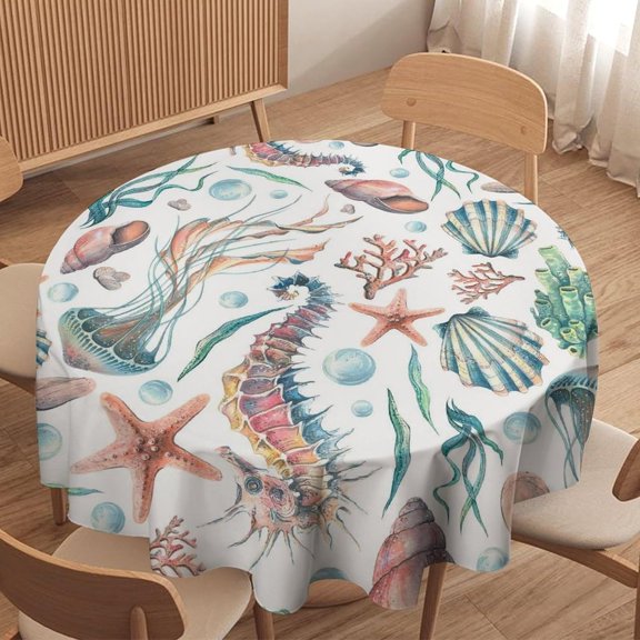 Ocean Beach Tablecloth Nautical Coastal Starfish Coral Art Printed Print Stain Table Resistant for Kitchen Dinning Outdoor Picnic Party Round 60x60in