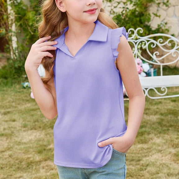 Lumtrix Girls Short Sleeve Polo Shirt Kids Cute Flying Ruffle Sleeve Collar School Uniform Shirts Tops 5-14 YearsLight Purple 100