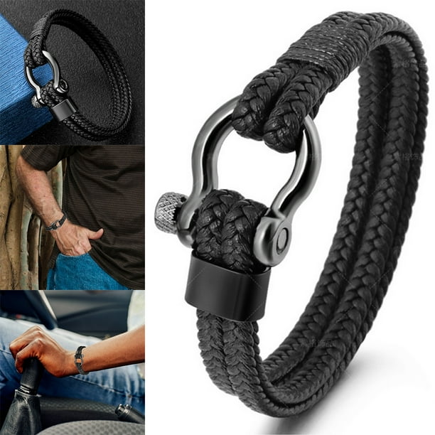 JTWEEN Mens Rope Bracelet,Stainless Steel Black Shackle,Scratch Resistant Waterproof Nautical