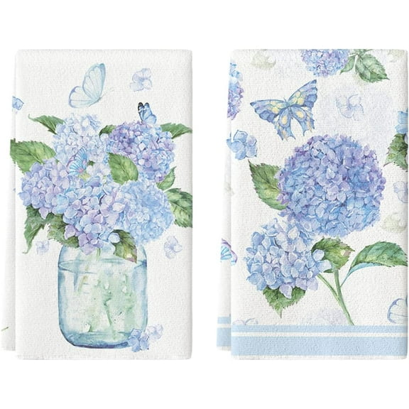 Hydrangea Vase Butterfly Spring Kitchen Towels Dish Towels, 18x26 Inch Summer Flowers Holiday Decoration Hand Towels Set of 2