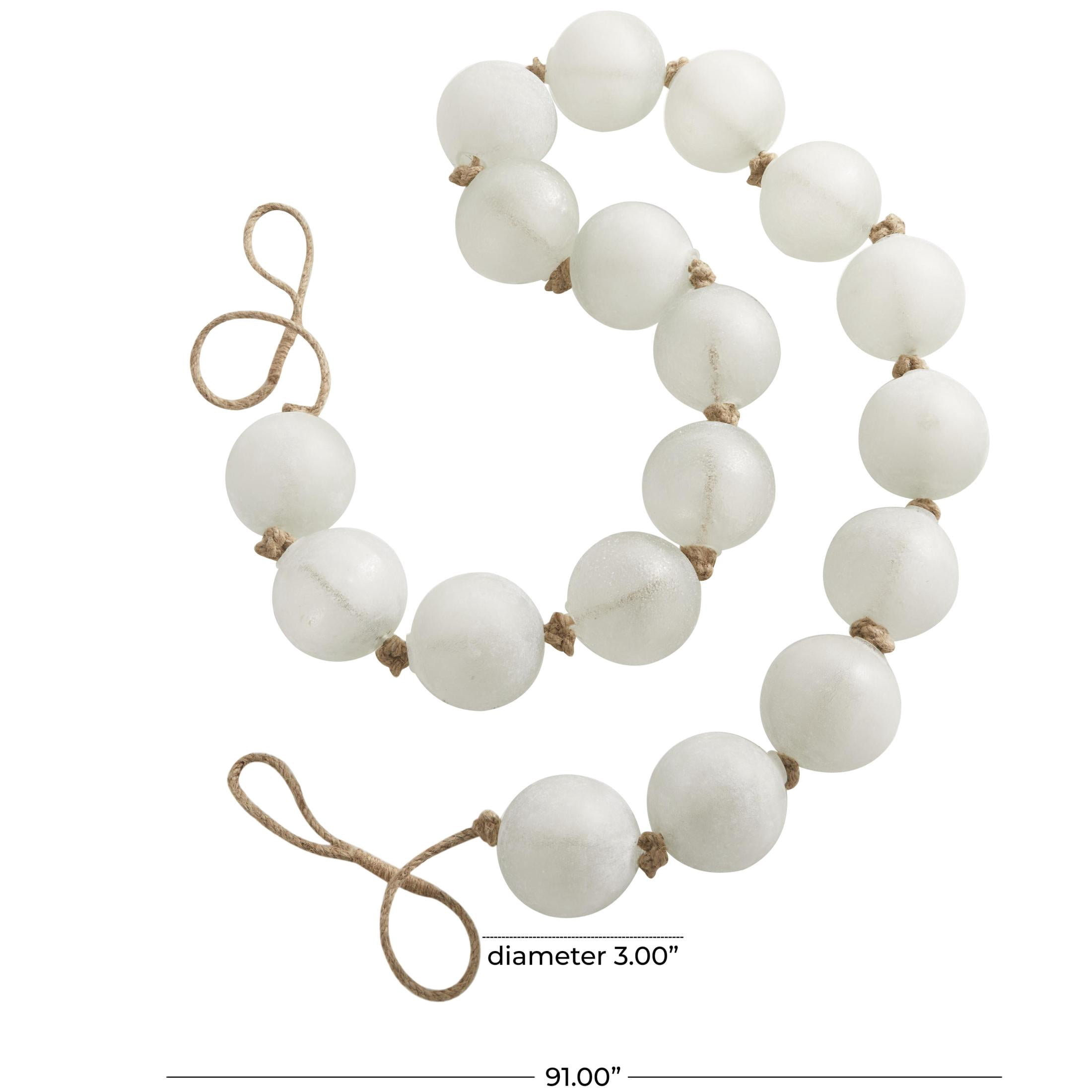 DecMode Handmade Round Extra Long Frosted Orb White Glass Garland with Tassel with Knotted Jute Rope