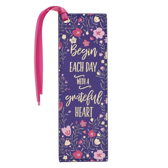 With Love Pink/Blue Faux Leather Bookmark for Women, Begin Each Day with A Grateful Heart Floral Debossed Design w/Gold Accents/Ribbon Tassel, Inspirational Encouraging Book Accessory for Booklovers