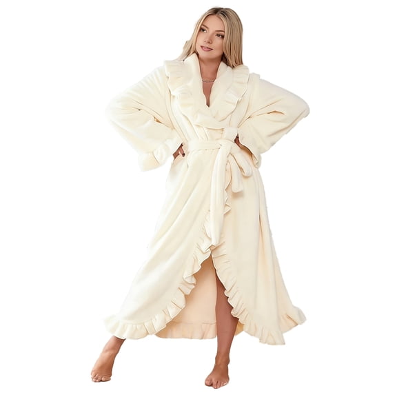 Quixlent Women's Fuzzy Ruffle Robe Soft Fleece Shawl Collar Kimono Bath Robe Winter Plush Warm Lounge Housecoat with Pockets